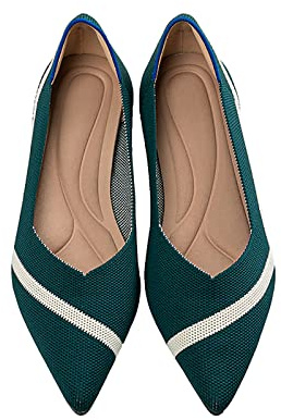 MACHSWON Women’s Ballet Dressy Flats Pointed Toe Knit Dress Shoes Slip On Casual Foldable Ballerina Walking Shoes (Green & White, Size 5)