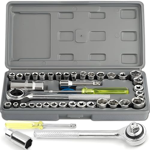 Retoo Steckschlüsselsatz Steckschlüssel Werkzeug-Set Zoll Stahlkasten Bitsatz Nüsse Größen Nuss Ratsche Set Ratschenkasten Knarrenkasten Schraubendrehergriff 40 teilig Edelstahl