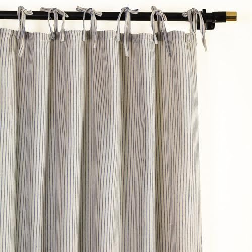 Gauze Striped Curtains, Boho Linen Gauze Tie Top Hanging Curtains Light Filtering Door Window Treatment 2 Panel Curtain Drapes for Living Room Home Décor Blue on Beige (72x42 Each Panel)