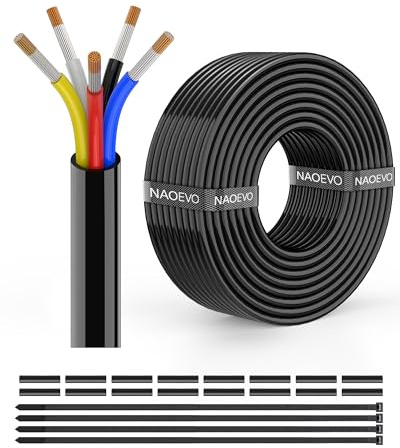 NAOEVO 16 Gauge Wire 5 Conductor Electrical Wire, 16 AWG Stranded PVC Cord, 12V Low Voltage/Tinned Copper/Flexible Cable for Automotive Wiring, Lamp Cord, Marine Cable (30FT)
