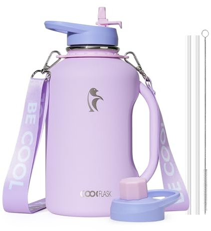 Coolflask Borraccia termica da 1,9 litri con cannuccia, in acciaio inox, con manico, in metallo, a doppia parete, con cinturino a tenuta stagna, mantiene il freddo per 48 ore e caldo per 24 ore