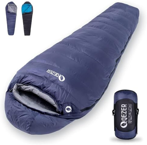 QEZER Daunenschlafsack, 4 Jahreszeiten, leichter Camping-Schlafsack für Erwachsene und Teenager, Wandern, Outdoor, mit 620FP Entendaunen (Blau 8°C)