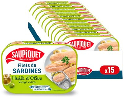 SAUPIQUET - Filets de Sardines à l'Huile d'Olive Vierge Extra - Sans Arêtes - Sans conservateurs, colorants ni arômes artificiels - Issus d'une Pêche Traçabilité Garantie - 15 Conserves (100 g)