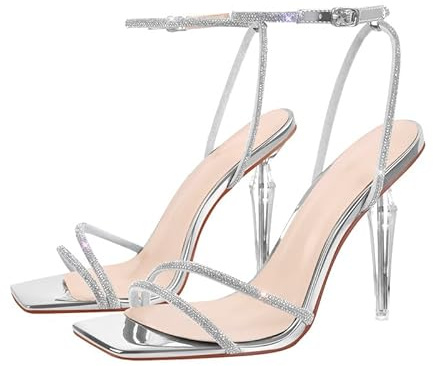 VERISSON Sandali da donna con cinghia, con tacco alto, con brillantini, argento, 42 EU