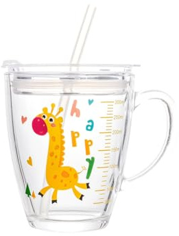 Dvagoent 350ml Bicchiere con Cannuccia Tazza Colazione, Tazza da Latte, con Coperchio, Cannuccia, Pennello per Cannuccia (Giraffa)