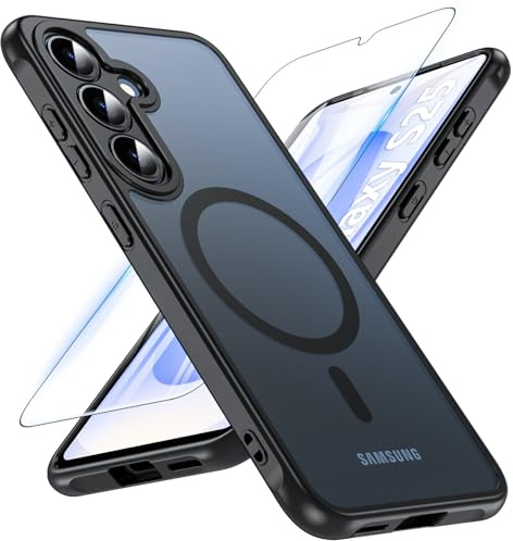 OWKEY Magnetic for Samsung Galaxy S25 Case, with Screen Protector, Black | Compatible with MagSafe, Translucent Matte Back, Shockproof Phone Cover for Samsung S25 5G
