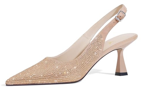 LOCERICH Women's Kitten Heels Slingback Low Heel Dress Shoes Closed Toe Pumps Rhinestone Pointed Toe Sparkly Sling Back Bridal Wedding Party Beige