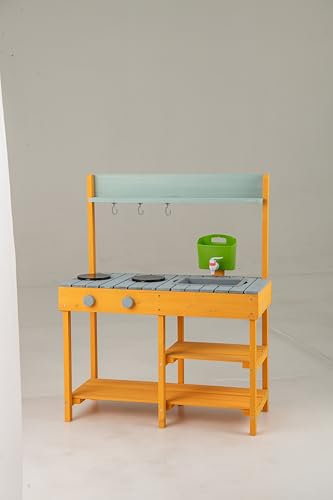 COSTWAY Cuisine Extérieure Enfant en Bois avec Réservoir à Eau 700 ML & Robinet, Cuisine de Boue Enfants avec Bouton Rotatif & Évier, Étagère Ouverte, Cuisine Boueuse pour Enfants de 3-8 Ans