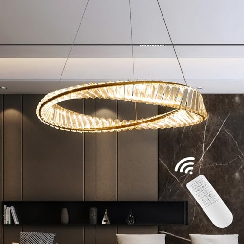 ZenithBeam Led Pendant Light Living Room,with Stainless Steel Crystal Irregular Ring Chandelier, Modern Dimmable K9 Crystal Bedroom Hanging Lights,for Restaurant, Kitchen, Hotel Pendant Lighting 40Cm