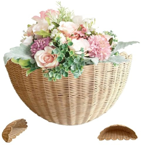 Cesta de colgantes de mimbre Cesta de almacenamiento de pared rústica rústica de 14x6x8 pulgadas para frutas, verduras, plantas, artículos de tocador, organizador decorativo para cocina y baño
