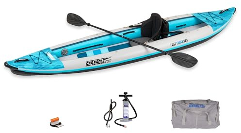 Sea Eagle 385FT Redesigned Fasttrack Inflatable Kayak 12'8 2 Person Touring Kayak, Attached Rigid High-Pressure V-Bottom, Smoother Paddling Experience-Light Weight (385FT Fasttrack Pro Solo)
