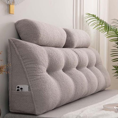 Monbaer Headboard Wedge Pillow + Neck Roll Pillows, Soft Teddy Fluffy Sofa Daybed Positioning Lumbar Support Bolster, Large Triangular Rest Reading Backrest (150x50x20cm,Gray)