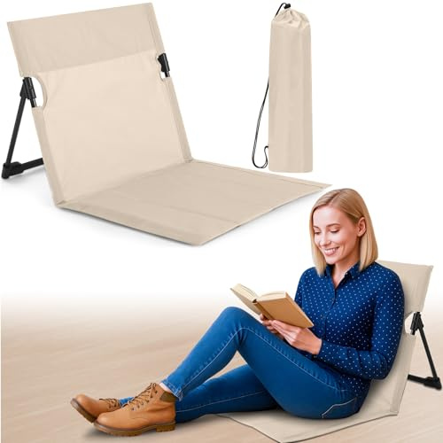 Jetec Foldable Floor Backrest Chair Portable Camping Chair with Storage Bag Light Weight Lazy Seat for Indoor Outdoor Bed Ground Park Lawn Concerts Hiking Beach (Beige)