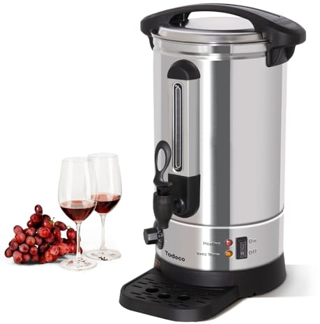 Todeco Glühweinkocher 7,7 L, 1500 W Heißgetränkeautomat aus Edelstahl mit Zapfhahn, Abtropfschale, Thermostat 30–110 °C, für Glühwein, Tee, Wasser