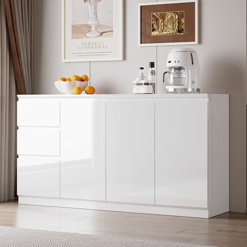 Armadi da cucina bianchi lucidi, credenza, armadio con 3 cassetti e 3 ante, credenza con ripiani regolabili, cucina, soggiorno, camera da letto, 155 x 40 x 83 cm, bianco, MDF rinforzato