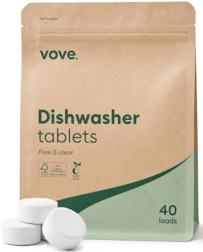 Vove Dishwasher Tablets, 40 Count, Plant-Based Fragrance-Free | Plastic-free, no PVA, no microplastics, 2x enzyme power, septic safe, FSC-certified kraft packaging