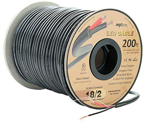 200 ft. 18AWG Low Voltage LED Cable, 2 Conductor, Outdoor Rated, Black Sleeve in-Wall Speaker Wire UL Certified Class 2, Sunlight Resistant
