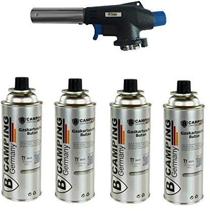 Beste Angebote Gasbrenner + 4 Gaskartusche, Lötbrenner Bunsenbrenner Lötlampe Brenner + 4xGas Gasbrenneraufsatz mit Piezozündung