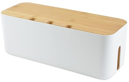 Cable Tidy Box, Cable Storage Box, Electrical Cords Organizer with Air Vent for Desk TV Computer USB Hub System Power Strip, Wood Lid,36 x 13.5 x 13 cm (white L)