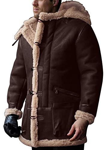 Hommes à Capuche Hiver Bouton Manteau col à Manches Longues rembourré en Cuir Veste Vintage épaissir Manteau en Peau de Mouton Veste Veste Compatible with Moto Homme Homologué