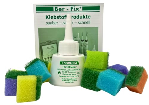 Ber-Fix Textilkleber 40g: Kleben statt Nähen! Waschbar 95°C, Flexibler Stoffkleber inkl. 12 Mini-Schwämmen für DIY Reparaturen