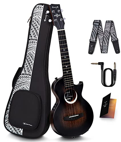 Enya Tenor Ukulele Elektrisch Set - 26 Zoll Schwarz Mahagoni Ukulele mit AcousticPlus Tonabnehmer und Tasche Gurt Taimane Moon Signatur für Kinder Erwachsen Anfänger Heim Schule Reise Camping konzert