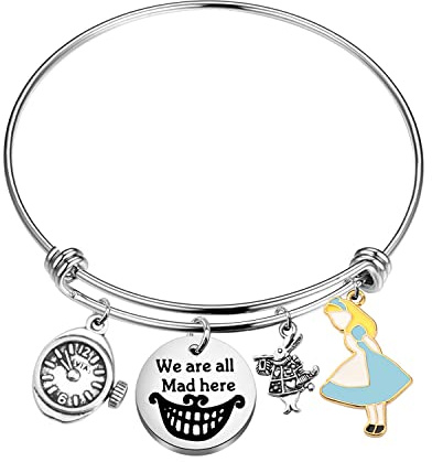 Bracciale con ciondoli BNQL Alice, ispirato al Cappellaio Matto, bracciale regolabile, in acciaio legato