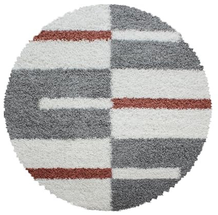 HomebyHome Teppich Rund Shaggy 80 cm Rund - Hochflor Runder Teppich Terrakotta, Grau und Weiss Extra Weich und Flauschig - Bettvorleger Teppich für Wohnzimmer, Schlafzimmer, Küche, Flur - Carpet