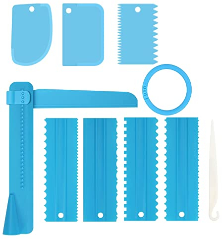 GUO-YING Set Raschietto per Dolci (9pz),Torta Regolabile Lisciatrice,Raschietto per Glassa Torta per Pasticceria Bordo della Strumento Lisciare Bordo con Regolabile per Mousse Crema (Blu-9)