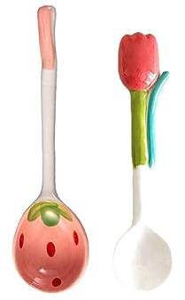 Leadigol Cucharas de sopa de cerámica, lindas cucharadas de fresa, flores de tulipán, cuchara de café de cerámica, cuchara de postre de cerámica en forma de fresa, cuchara de cerámica para remover