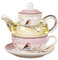 Guindxan Tetera de cerámica con diseño de flores y pájaros, platillo de cristal resistente al , juego de de café, té de la tarde, juego de té rosa