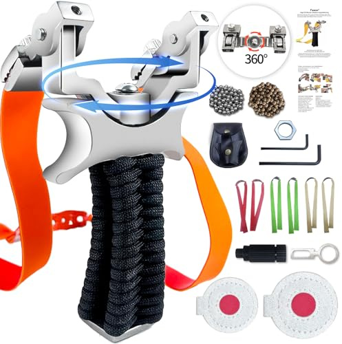Feeoc Profi Zwille Steinschleuder Set für Outdoor Training: 360° drehbarer Bogenkopf für präzise Zielübungen – Ergonomischer Griff mit Handschlaufe – inkl. 6 Gummibänder 200 Trainingskugeln (Rot)