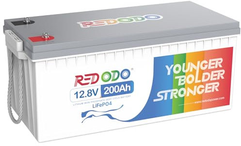 Redodo 12V 200Ah LiFePO4 Batterie,Batterie Lithium Rechargeable Phosphate de Fer,BMS 100A Intégré,4000-15000 Cycles Profonds et 10 Ans de Durée de Vie,Parfait pour RV, Camping