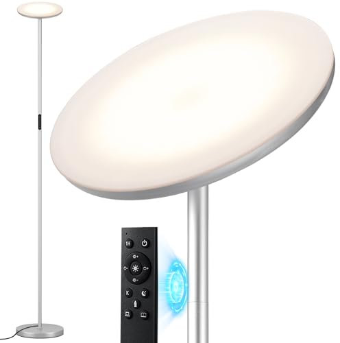 Aooshine LED Uplighter Floor Lamp for Living Room, Silver Grey Reading Standing Lamp for Bedroom, Remote Touch Control & Stepless Dimming, 1 Hour Timer for Living Room, Bedroom, Office