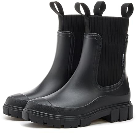 MIEHUIAI Botas de Agua Mujer Chelsea Impermeables Botas de Lluvia Botines de Caucho Comodos Antideslizante Zapatos de Jardin Rain Boots(Negro,37 EU)