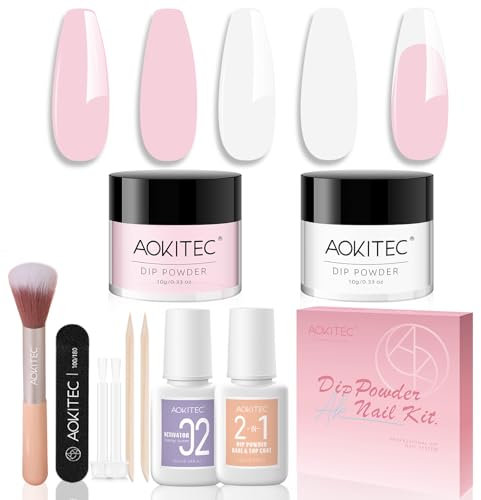 Aokitec Kit per unghie in polvere per immersione, colore bianco e rosa, con base e attivatore superiore, strumenti di base per fai da te francese, facile da trasportare e usare, set per unghie