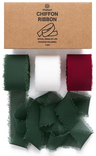 Vitalizart Christmas Chiffon Ribbon 1 x 21 Yd, Fabric Frayed Fringe Package (3 Rolls x 7 Yd), Silky Ribbon for Wedding Invitation, Bridal Bouquet, Decoration, Gift Wrapping, Bow Making