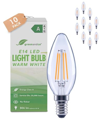 greenandco 10 x LED-glödlampa | klar | E14 C35 | 3.8W 806lm | ersätter 60W | 2700K varmvitt | 320° | 230V | inget flimmer | energiklass A | ej dimbar
