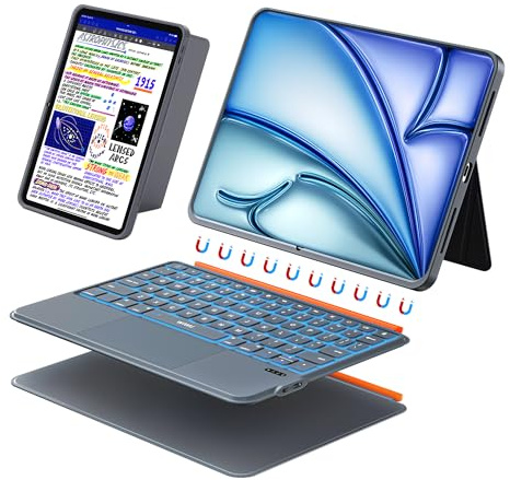 WIWU iPad Keyboard Case 11 Inch A16 11th 10th Gen 3 in 1 Magnetic Detachable Case Keyboard Adjustable Stand Backlit Keys with Touchpad (GREY, For iPad 11/10/Air 5/4/11(M2/M3) Pro 11 4/3/2/1)