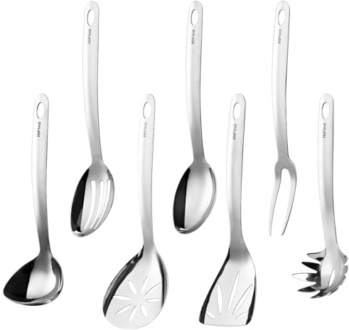 Set di utensili da cucina in acciaio inox, set di 7 pezzi, forchetta per carne, cucchiaio di servizio pieno, mestolo, forchetta per pasta, cum, cucchiaio di servizio con fessure, spatola per fessure
