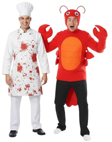 Costume de homard et de chef pour couple – Costume de homard rouge pour adultes avec gants griffes, coiffe + chapeau de chef et tablier – Déguisement amusant pour Halloween, fêtes et enterrements de