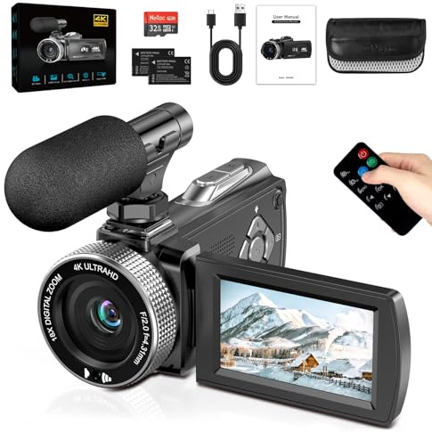Videokamera 4K 48MP Camcorder 18X Digital Zoom Vlogging Kamera mit LED-Fülllicht für YouTube, 3.0'' 270°Drehbarer Screen Video Kamera mit Externem Mikrofon, Fernbedienung, 2 Batterien (32 GB Karte)