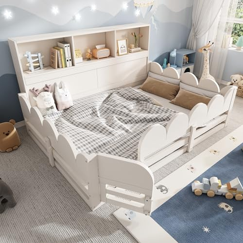 DUlVBPE Golvsäng för barn, 140 x 190 cm, vit, träsäng med fallskydd, och dörrribbotten, barnsäng med hylla, generös liggyta för syskon, säker sömn och lekplats utan madrass