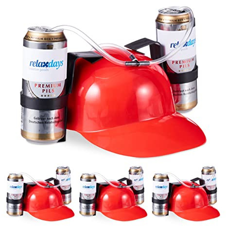 Relaxdays 4 x Party Trinkhelm, Helm mit Schlauch, für 2 Dosen Bier, Spaßartikel Fasching u. Fußball, lustiger Bierhelm, rot