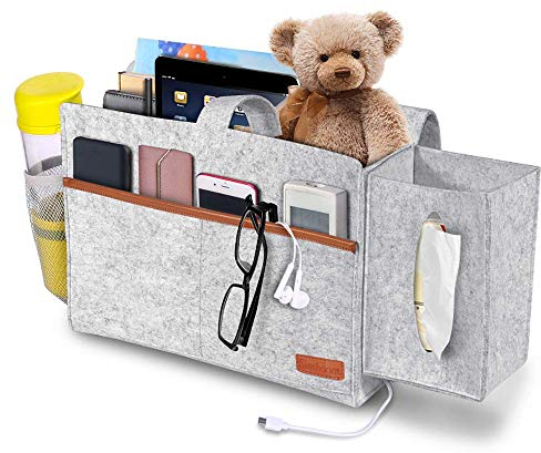 SIMBOOM Bedside Pocket Felt Hanging Storage Bag with Tissue Box and Water Bottle Holder, Dorm Bedroom Bed Sofa Organizer for Phone, Tablet, Remote, Magazines - Light Grey