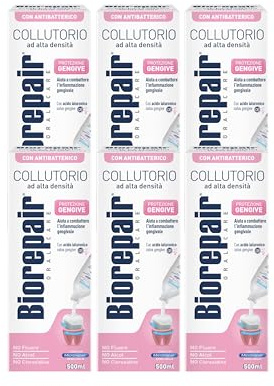 Biorepair, Collutorio ad Alta Densità Protezione Gengive, Aiuta a Combattere L'Infiammazione Gengivale, Con Acido Ialuronico, Microrepair, Zinco PCA, No Fluoro, Senza Alcol e Clorexidina, 6x500ml