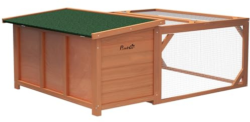 PawHut Conigliera da Esterno e Interno in Legno con Casetta per Conigli e Area Aperta Recintata, 125.5x100x49cm, Arancione