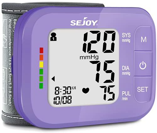 Sejoy Blutdruckmessgerät Handgelenk, Blutdruckmessgeräte Digitale automatische Blutdruckmanschette überwacht lila mit unregelmäßiger Herzschlagerkennung Großes Display 120 Speicher, inklusive Batterie