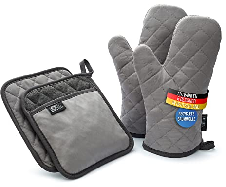 LauterSchutz® Topflappen und Ofenhandschuhe im Set - extra weiche, waschbare & recyclete Baumwolle [Hitzebeständig bis 250°C] Topfhandschuhe zum Kochen & Backen (Grau)