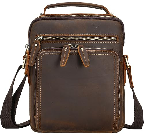 TIDING Vintage Leder Umhängetasche für Herren Schultertasche Crossbody Bag Kleine Messenger Tasche für Arbeit Schule, Braun